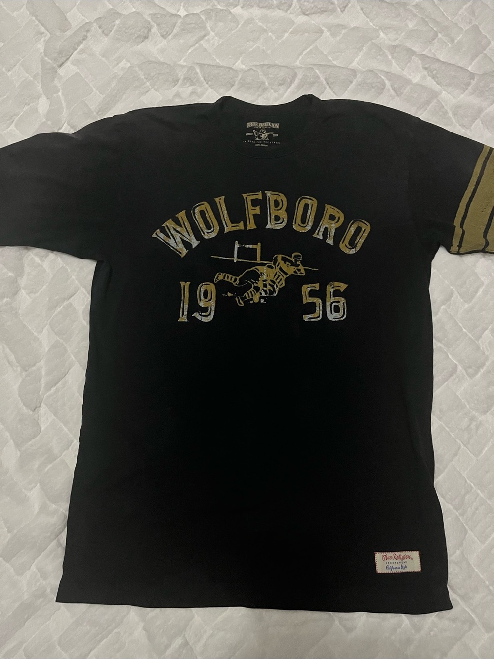 True Religion Black Tee with Gold Wolfboro Graphic